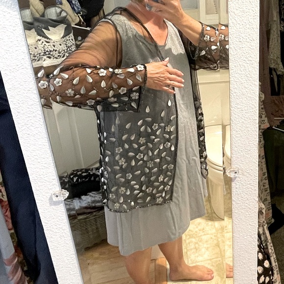 2pc Size Me Up 1X silver sparkle sheath dress and sheer black jacket embroidered - Picture 1 of 14